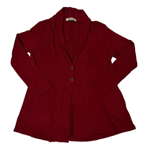 FLAX Red Button Front Cardigan Jacket Large Pockets Draped Hem USA Made Flowy - Picture 1 of 7